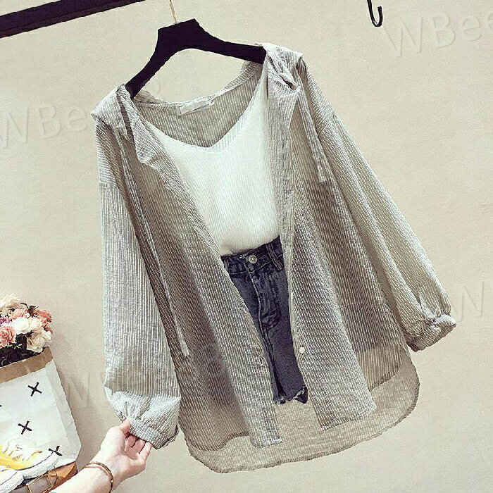 樂天商城 - シャツ長袖 シアー パーカー シアー 軽アウター シワ加工 ストライプ ライトアウター シャツ 透け感 夏 春 レディース パーカー