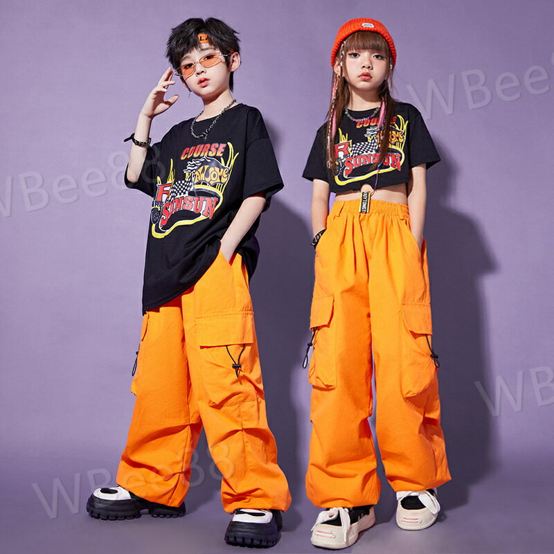 ダンス衣装 セットアップ 男の子 女の子 ウエストゴム カーゴパンツ ロングパンツ Tシャツ 半袖 へそ出し セットアップ 単品 キッズ キッズダンス hiphop ヒップホップ