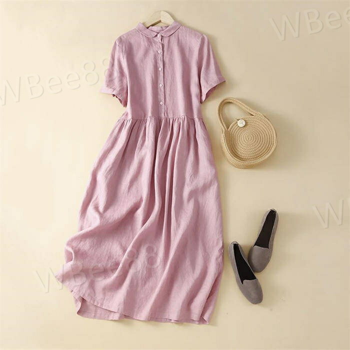 大きいサイズ 丸襟 キャザー 涼しい フレア 5分袖 ロング丈 レディース 無地 夏 ロング 綿麻風 レディース ロング 春夏