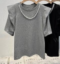 フェイクパール付き アクセサリー付き Tシャツ ス カットソー Tシャツ フリル袖 春 秋 夏 半袖 レディース Tシャツ