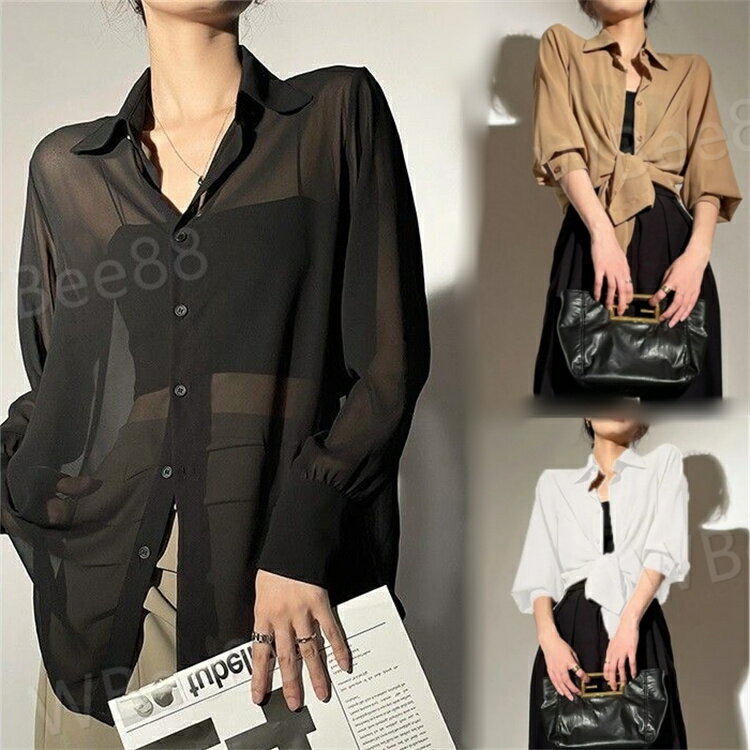 樂天商城 - シフォンシャツ 長袖 レディース シャツブラウス おしゃれ 着やせ 開襟シャツ 長袖 透け感 体型カバー 薄手 オフィス OL 無地 シンプル キレイめ 大人 体型カバー トップス カジュアル 婦人服 女性 春 夏 日焼け防止 冷房対策 きれいめ おしゃれ シンプル