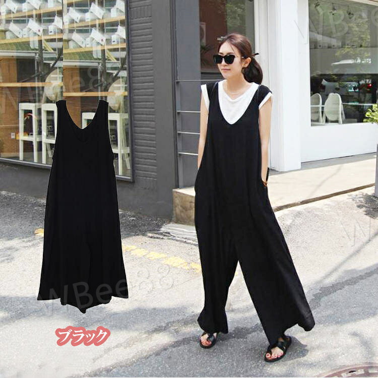 WBee88のネイビー ブラック ロングパンツ ボトムス オーバーオール Vネック ワイドパンツ Vネック大人サロペット パンツ レディース｜アングル2