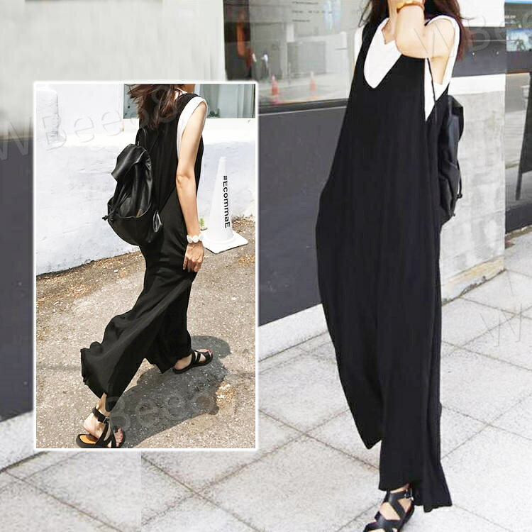 WBee88のネイビー ブラック ロングパンツ ボトムス オーバーオール Vネック ワイドパンツ Vネック大人サロペット パンツ レディース｜アングル3