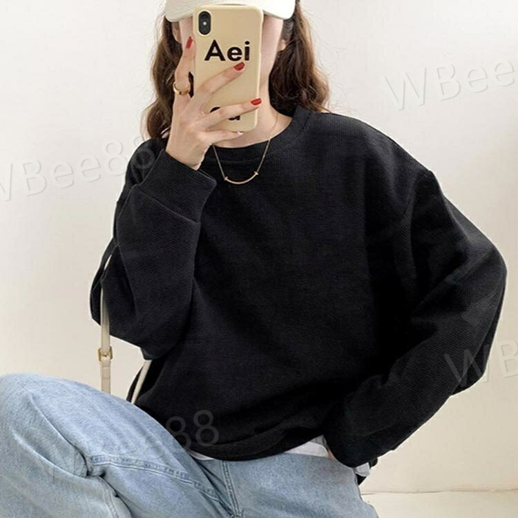 ドロップショルダー カットソー tシャツ レディース 長袖 トレーナー クルーネック 薄手 カジュアル おしゃれ Tシャツカットソー 無地 シンプル 体型カバー 重ね着 春服 秋 冬 トップス ワッフル生地 大人 女性 通勤 通学 ギフト workerbee88-10007502 WBee88 サンプル画像2