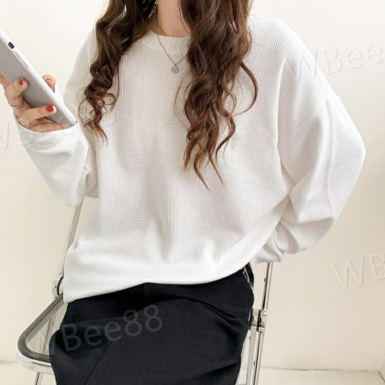 ドロップショルダー カットソー tシャツ レディース 長袖 トレーナー クルーネック 薄手 カジュアル おしゃれ Tシャツカットソー 無地 シンプル 体型カバー 重ね着 春服 秋 冬 トップス ワッフル生地 大人 女性 通勤 通学 ギフト workerbee88-10007502 WBee88 サンプル画像3