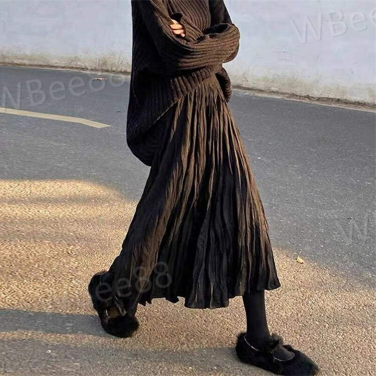Casual wear, everyday wear, commuting, work, autumn, summer, spring, plain, A-type, high-waisted midi skirt, velvet pleats.