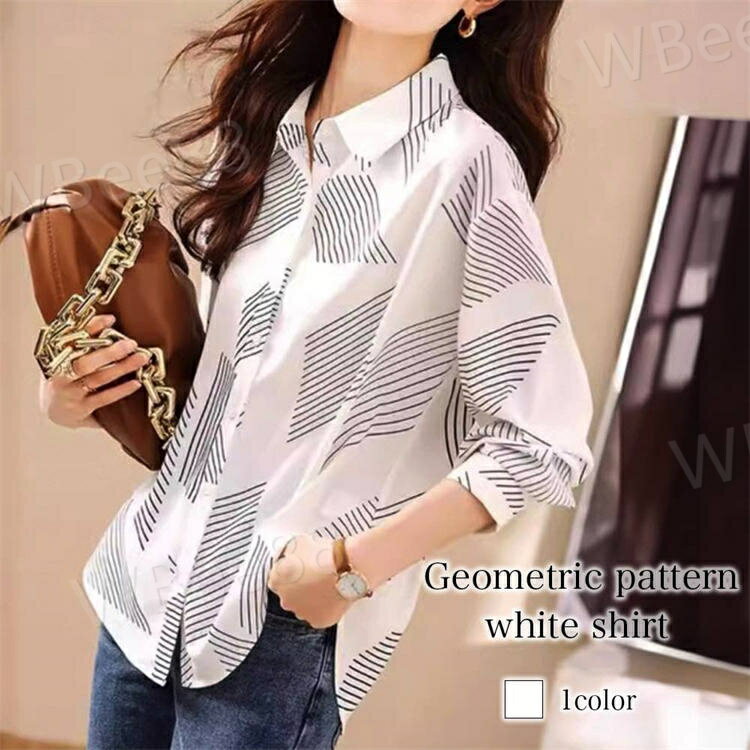 樂天商城 - カジュアル ブラウス 襟付き 形態安定 麻 春 かわいい 秋 ブランド 大人 ロゴ 幾何学模様ホワイトシャツ レディース シャツ