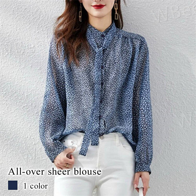 樂天商城 - 白 長袖 ワンピース オフィス レース フリル Tシャツ カットソー 黒 秋 おしゃれ 総柄シアーブラウス レディース ブラウス