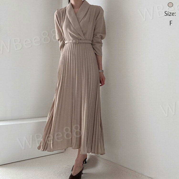 樂天商城 - ゆっ Aライン ふんわり 柔らか プリーツ 無地 ロング丈 秋 レディース Vネック プリーツワンピース ロングワンピース ワンピース