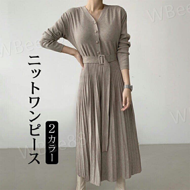 樂天商城 - ゆった Aライン リボン付き プリーツ ロング丈 マキシ丈 秋 レディース プリーツワンピース ロングワンピース ニット ワンピース