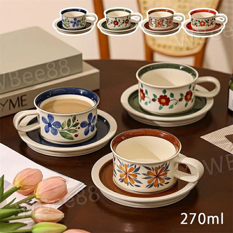 マグカップ＆プレート 美しい 花柄 陶器 コップ 270ml カップ マグ ソーサー セット 洋食器 コーヒー ..