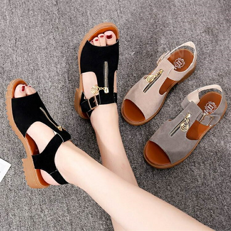 金具 ゴールド ジッパー 美脚魅せ バックル ベルト オープントゥ ラウンドトゥ ヒール ロー つっかけ おすすめ 人気 サンダル