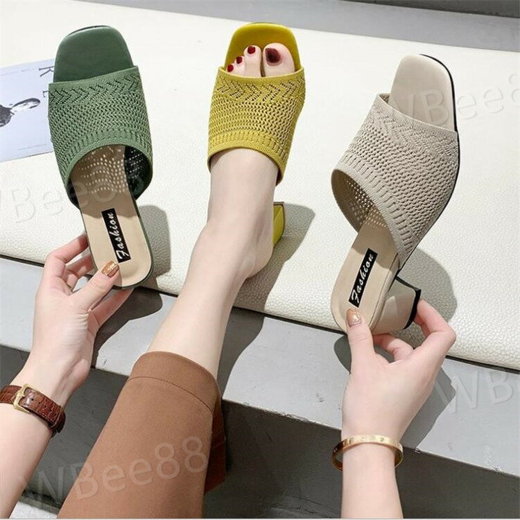 疲れにくい 美脚 脱げない 痛くない ミュール レディース チャンキーヒールサンダル ニットサンダル ミュール サンダル