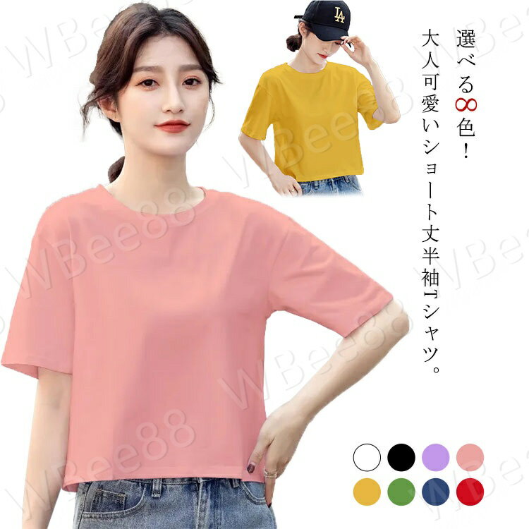 乐天商城 - シンプル コットン 綿 無地 短め ゆったり ショート丈 半袖tシャツ トップス カットソー レディース ショートTシャツ