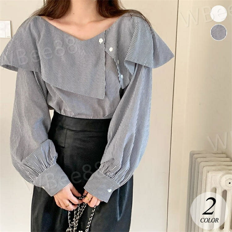 樂天商城 - 韓国ファッション レディース 無地 ストライプ ブラック 黒 秋 きれいめ カジュアル フェミニン 可愛い トップス ューム袖