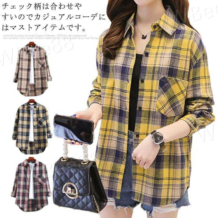 Long-Sleeved - チェックシャツ レディース チェック柄 シャツ ブラウス 長袖 ネルシャツ トップス カジュアル 薄手 シンプル 春 夏 秋