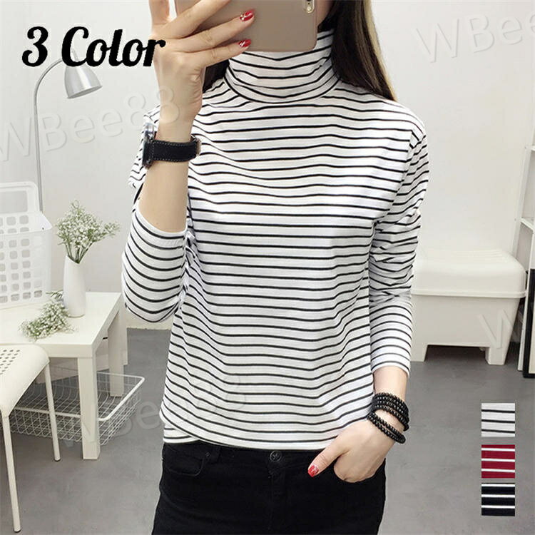 樂天商城 - 旅行 おしゃれ 可愛い シンプル 定番 カジュアル ハイネック 秋 夏 春 レッド 黒 白 ボーダー柄 トップス レディース 長袖