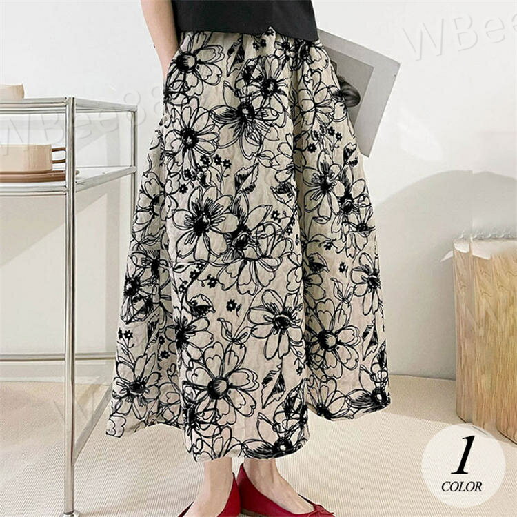 樂天商城 - 韓国ファッション カジュアル ミモレ丈 ロングスカート レトロ 植毛 ハイウエスト Aライン フラワー 秋 春 レディース ボトムス