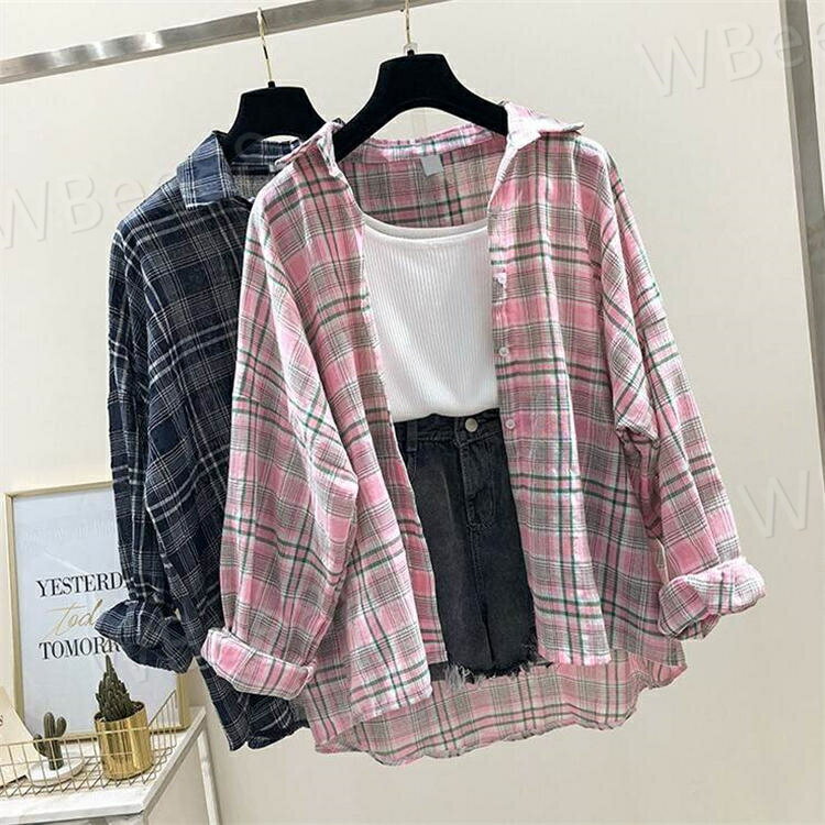Rakuten - オールシーズン 冬 秋 夏 春 チェック柄 ネイビーブルー ピンク 前開き 襟付き 袖あり 2XL XL L M S 長袖 レディース トップス