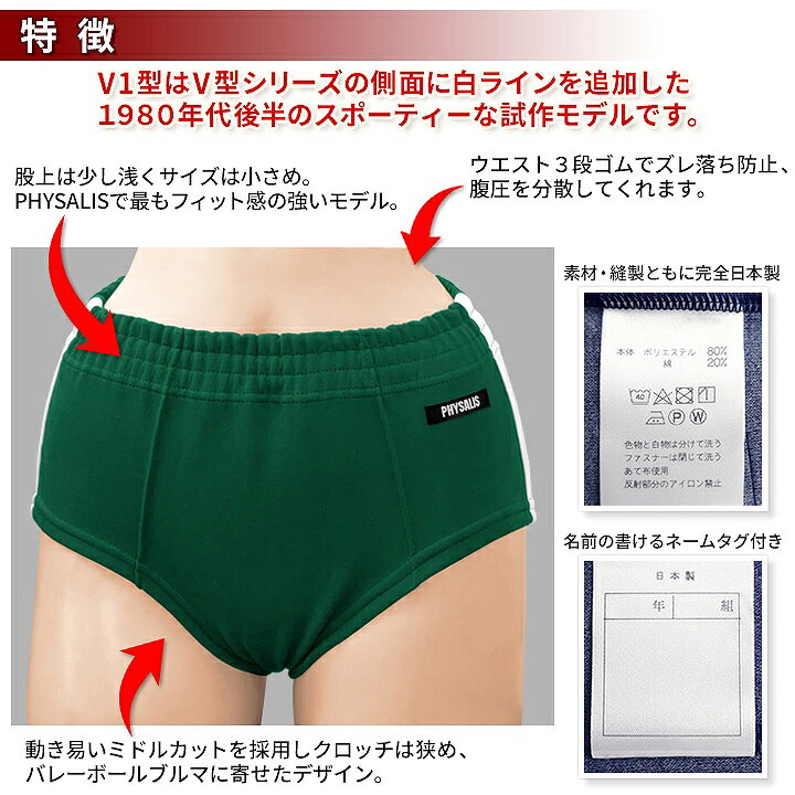学生服の専門店 ワークサポートのブルマ 体操服 PHYSALIS V1型 PTミドルカット 1ライン 試作型学販品 スクールブルマー 日本製 S〜4L 濃紺/エンジ/グリン/ブルー /レッド 保温 冷え性対策 の重ねばきにもオススメ インドア推奨【スポーツ用品】【メール便発送 送料無料】｜アングル3