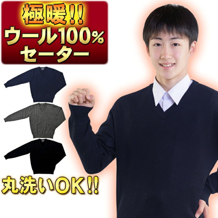 学生服 セーター ウール100% 純毛 濃紺 グレー 黒 制服 レビュー投稿で500円OFFクーポン 通学用 男女兼用 Vネック スクールセーター ネイビー ブラック 高校生 中学生 男子 メンズ 男の子 女子 女の子 レディス ユニセックス ニット 150 160 170 180 190 S M L LL 3L