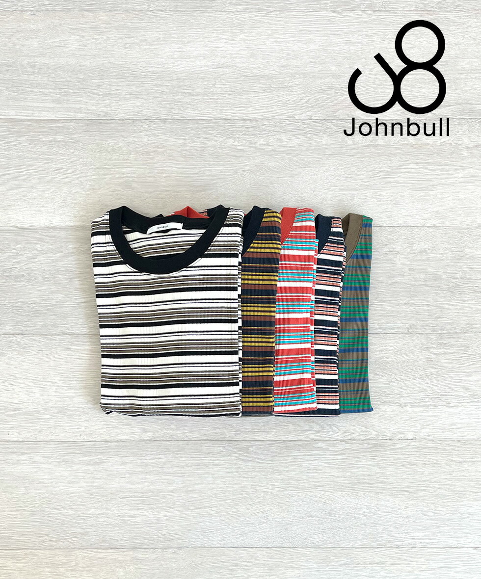 Johnbull ランダムテレコボックスTシャツ ジョンブル ランダムテレコ ボーダーTシャツ レディース 半袖 ボックスT カットソー ゆったり 配色リブ 伸縮性 大人カジュアル 春夏