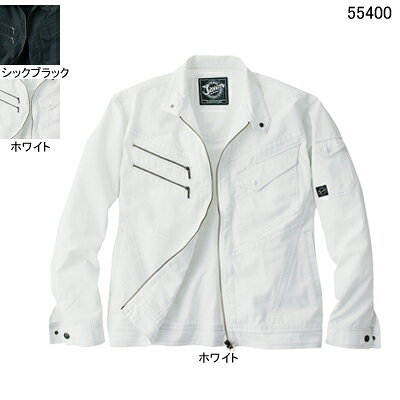 作業服 55400M〜LL4L他のサイズを選ぶ●●商品説明●春夏用●素材：サマーグログラン●混率：ポリエステル65％・綿35％●サイズ：M(胸囲/112、肩幅/45、袖丈/58、着丈/60)、L(胸囲/116、肩幅/47、袖丈/60、着丈/63)、LL(胸囲/120、肩幅/49、袖丈/62、着丈/66)、XL(胸囲/124、肩幅/51、袖丈/62、着丈/66)、4L(胸囲/128、肩幅/53、袖丈/63、着丈/68)●カラー：ホワイト、シックブラック●※脱色や移染の恐れがありますので、他の製品と同時洗いはお避け下さい。●関連商品※55404長袖シャツ※55402ノータックカーゴパンツ商品仕様●ライダースジャケットテイストのデザインが新鮮。手帳がすっぽり入る深い胸ポケットなど、ワークウエアとしての機能性も充実。104055400コーディネイト商品長袖シャツ55404ノータックカーゴパンツ55402