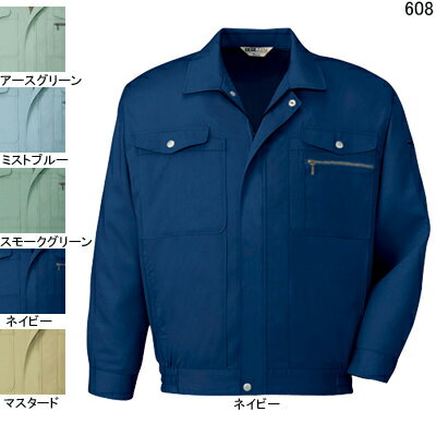 作業服 608XL4L〜5L他のサイズを選ぶ●●商品説明●春夏用●素材：ボアコッドソフトバーバリー(減量加工)●混率：ポリエステル60％・綿40％●サイズ：S(胸囲/108、肩幅/46、袖丈/52、着丈/59)、M(胸囲/112、肩幅/48、袖丈/54、着丈/62)、L(胸囲/116、肩幅/50、袖丈/56、着丈/65)、LL(胸囲/120、肩幅/52、袖丈/58、着丈/68)、XL(胸囲/124、肩幅/54、袖丈/60、着丈/71)、4L(胸囲/133、肩幅/56、袖丈/60、着丈/71)、5L(胸囲/142、肩幅/58、袖丈/60、着丈/71)●カラー：ネイビー、アースグリーン、スモークグリーン、マスタード、ミストブルー●関連商品※609抗菌・防臭半袖ブルゾン※616抗菌・防臭ツータックパンツ※626抗菌・防臭ツータックカーゴパンツ※90019帽子(丸アポロ型)※606抗菌・防臭長袖シャツ※607抗菌・防臭半袖シャツ商品仕様●機能性、素材、デザイン、価格。さまざまなニーズにお応えできるワークウエア。ワーカーの快適な作業をバックアップします。●人気を独占し続ける、支持率ナンバーワンのベストセラー。●すべてのワーカーが惚れ込んだ、ワーキングデザインの基本形とも呼べるシリーズです。耐久性ソフトな着心地を両立させた価値ある一着です。1040608コーディネイト商品抗菌・防臭半袖ブルゾン609抗菌・防臭ツータックパンツ616抗菌・防臭ツータックカーゴパンツ626帽子(丸アポロ型)90019抗菌・防臭長袖シャツ606抗菌・防臭半袖シャツ607