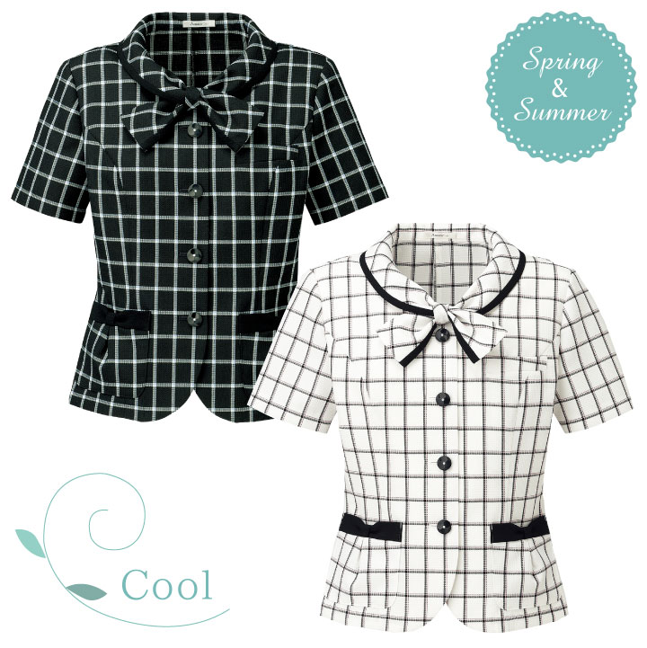 オーバーブラウス チェック柄 リボン 半袖 レディース ボンマックス オフィスウェア フォーマルウェア 制服 事務服 半袖ブラウス BONMAX bm-aj0824