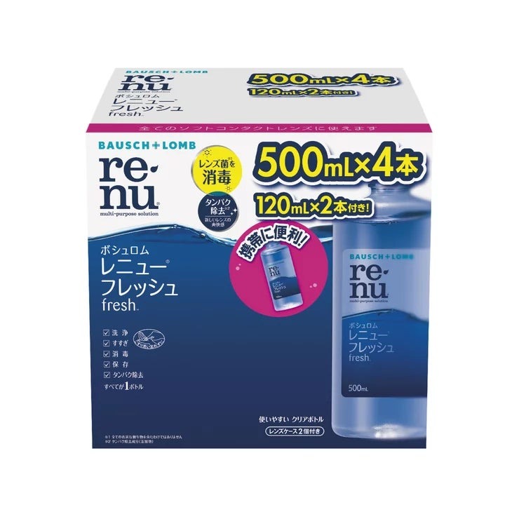 &nbsp; 【商品内容】 レニューフレッシュ大容量パック 承認された販売名:レニューマルチプラス タンパク除去成分『ハイドラネート』配合 高い消毒力とタンパク除去で毎日新品レンズの爽快感。 残量が分かりやすいクリアボトル ソフトコンタクトレンズ用消毒剤(医薬部外品)1本で洗浄・すすぎ・消毒・保存・タンパク除去が可能。 すべてのソフトコンタクトレンズに使えます。 有効成分: ポリヘキサニド(ダイメッド)1.1ppm含有。 配合成分: 緩衝剤、安定化剤、等張化剤、pH調整剤、ポロキサミン、ハイドラネート。 表示指定成分: エデト酸ナトリウム &nbsp; 【商品・画像についてのご注意】 ・バリエーションのある商品の場合、商品画像が複数ある場合がございますが発送されるのは1点です。カラーやサイズなどのバリエーションは商品名をご確認ください。 ・商品の外装デザインは画像と異なる場合がございます。 &nbsp; 【送料・配送についての注意事項】 ・ご注文入れ違い等により欠品・遅延となる場合がございます。 ・ご注文の商品によって北海道、沖縄、離島および一部地域への配送時に追加送料がかかる場合や、配送ができない場合がございます。 ・お客様都合でのキャンセルはお受け出来ませんのでご了承下さい。