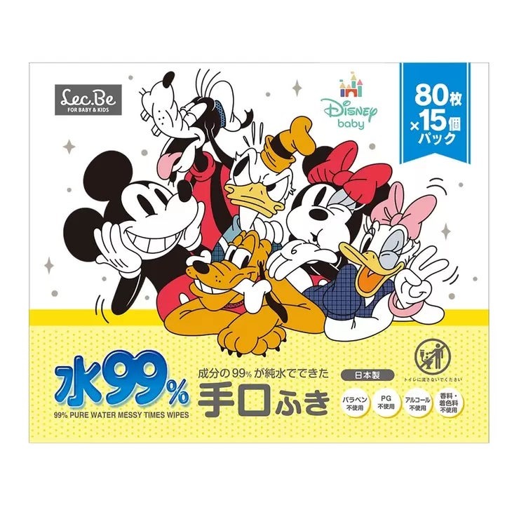 &nbsp; 【商品内容】 成分の99%が純水でできた「水99%手口ふき」が、ミッキー&フレンズのパッケージで登場。内容量:80枚入x15個 (1200枚)。シートサイズ:180 x 140mm。パラベン・PG・アルコール・香料・着色料不使用。汚れをしっかりキャッチするメッシュタイプのシートです。オープンシールには、シートが取り出しやすい便利なオーバーストップ機能付き。日本製です。 &nbsp; 【商品・画像についてのご注意】 ・バリエーションのある商品の場合、商品画像が複数ある場合がございますが発送されるのは1点です。カラーやサイズなどのバリエーションは商品名をご確認ください。 ・商品の外装デザインは画像と異なる場合がございます。 &nbsp; 【送料・配送についての注意事項】 ・ご注文入れ違い等により欠品・遅延となる場合がございます。 ・ご注文の商品によって北海道、沖縄、離島および一部地域への配送時に追加送料がかかる場合や、配送ができない場合がございます。 ・お客様都合でのキャンセルはお受け出来ませんのでご了承下さい。