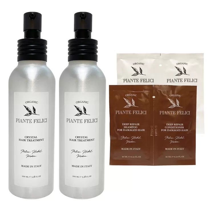 ピアンテフェリーチ オーガニック クリスタルヘアトリートメント 100ml x 2 アウトバス用 Piante Felici Organic Crystal Hair Treatment 100ml x 2 Out-bath Collection 洗い流さない ヘアオイル 髪 ダメージ補修 まとまり ツヤ サロン品質 ヘアケア 保湿 天然成分 world-depo-15602071 ワールドデポ パッケージ画像