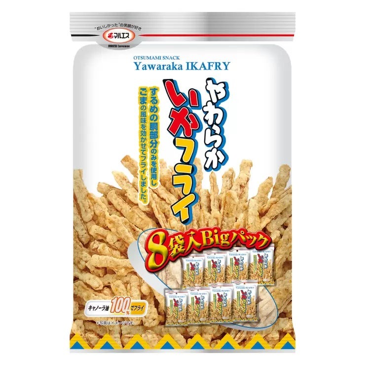 &nbsp; 【商品内容】 ( 22g x 8 パック ) × 2 するめの胴部分のみ使用 キャノーラ油使用 ソフトタイプ おつまみやおやつに適しています するめの胴部分のみをキャノーラ油で揚げた、ソフトタイプのいかフライです。風味豊かな味わいは、おつまみにも、お子様のおやつにもピッタリです。 &nbsp; 【商品・画像についてのご注意】 ・バリエーションのある商品の場合、商品画像が複数ある場合がございますが発送されるのは1点です。カラーやサイズなどのバリエーションは商品名をご確認ください。 ・商品の外装デザインは画像と異なる場合がございます。 &nbsp; 【送料・配送についての注意事項】 ・ご注文入れ違い等により欠品・遅延となる場合がございます。 ・ご注文の商品によって北海道、沖縄、離島および一部地域への配送時に追加送料がかかる場合や、配送ができない場合がございます。 ・お客様都合でのキャンセルはお受け出来ませんのでご了承下さい。