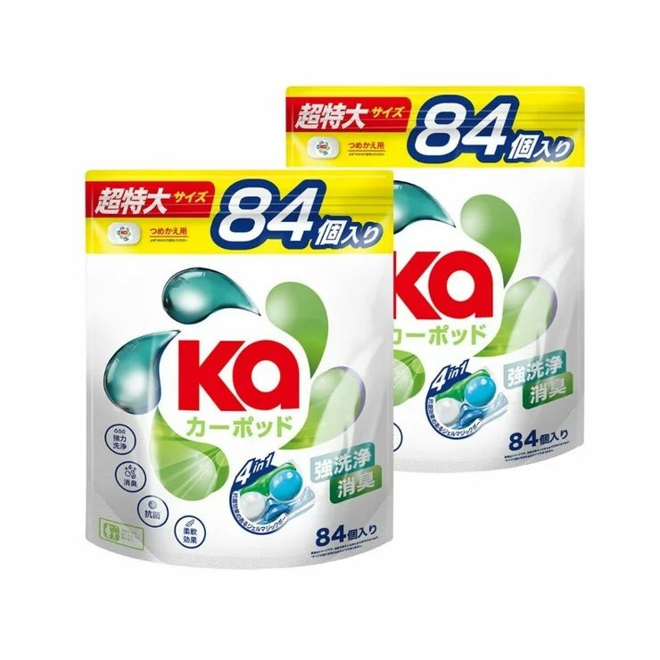 &nbsp; 【商品内容】 カーポッド 84個入×2パック 日本で唯一の蛍光増白剤フリー 本格洗浄のボール型洗濯洗剤※2024年6月現在 『カーポッド』は、洗浄力と抗菌力*2を集約した未来のジェル ボール洗濯洗剤。 抜群の洗浄力*1、抗菌力*2、消臭*3、柔軟の4つの機能をカプセルに閉じ込めました。 ぽんっと一粒入れるだけで、フレッシュな香りと清潔感をまとった仕上がりが叶います。 『カーポッド』が毎日のお洗濯を家族みんなのリフレッシュタイムに。 一粒で嬉しい4つの機能 「高洗浄」*1、「抗菌」*2、「消臭」*3、「柔軟」4つの機能が1粒に。 ジェル状の洗剤を包んだカプセルだからフレッシュに届いて効果を発揮。柔軟剤や香りづけビーズを入れる手間も省けます。 (1)抜群の洗浄力*1 同社従来洗剤と比較して「10倍*1の洗浄力」で、衣類の繊維に浸透して汚れをすばやく落とします。 (2)抗菌力*2へのこだわり 独自の抗菌技術を用いて菌の繁殖を徹底抑制*2し、生乾き臭をブロックします。 (3)消臭*3効果とフレッシュな香り 室内干し特有のカビ臭を取り除き、衣類の清潔感を保ちます。 ホワイトティーとハーブの清涼感溢れる香り。 (4)柔軟効果 衣類の繊維をやわらかくして、ふんわり感が長持します。 環境に優しい 蛍光増白剤、リンやジオキサン無添加 子供への安全を配慮 チャイルドロック機能を搭載しています。 *1 王子製薬調べ(当社比) *2 すべての菌に効果があるわけではありません *3 部屋干し臭を取り除く【私たちのブランドについて】 arFUM:世界的に有名なマスターパフューマーによる監修の特別な香りが特徴のジェル マジック ボール 洗濯洗剤 KaPOD:抗菌、ダニよけ、部屋干しなど機能性を重視した、蛍光増白剤無添加で20種類の有害成分無添加で肌敏感テストを実施済みのジェルタイプのボール洗剤 原材料・成分 界面活性剤(75%:ポリオキシエチレンアルキルエーテル、アルキル硫酸エステル塩、直鎖アルキルベンゼンスルホン酸塩、純せっけん分(脂肪酸塩))、柔軟剤、抗菌剤、色落ち防止剤、安定化剤、分散剤、金属封鎖剤、香料、水軟化剤、酵素 使用方法 1.空の洗濯槽の中に1粒を投入 2.洗濯物を投入 3.洗濯スタート &nbsp; 【商品・画像についてのご注意】 ・バリエーションのある商品の場合、商品画像が複数ある場合がございますが発送されるのは1点です。カラーやサイズなどのバリエーションは商品名をご確認ください。 ・商品の外装デザインは画像と異なる場合がございます。 &nbsp; 【送料・配送についての注意事項】 ・ご注文入れ違い等により欠品・遅延となる場合がございます。 ・ご注文の商品によって北海道、沖縄、離島および一部地域への配送時に追加送料がかかる場合や、配送ができない場合がございます。 ・お客様都合でのキャンセルはお受け出来ませんのでご了承下さい。