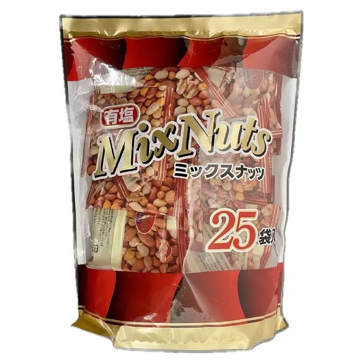 &nbsp; 【商品内容】 有塩ミックスナッツ 25袋入り 落花生、クルミ、アーモンド、とうもろこしをバランス良くミックス 便利な個包装パック おつまみや、おやつに! 落花生、クルミ、アーモンド、とうもろこしの素材そのままの味を活かし、あっさりと塩味に仕上げました。 持ち運びに、保存に便利な個包装パックで食べきりサイズです。 &nbsp; 【保存方法・期限表示について】 ・直射日光・高温多湿を避け、常温で保存してください。開封後に冷蔵保存が必要な商品につきましては、その旨を商品パッケージに記載しております。 ・消費期限・賞味期限のある商品につきましては、商品パッケージ本体に記載しております。 &nbsp; 【商品・画像についてのご注意】 ・バリエーションのある商品の場合、商品画像が複数ある場合がございますが発送されるのは1点です。カラーやサイズなどのバリエーションは商品名をご確認ください。 ・商品の外装デザインは画像と異なる場合がございます。 &nbsp; 【送料・配送についての注意事項】 ・ご注文入れ違い等により欠品・遅延となる場合がございます。 ・ご注文の商品によって北海道、沖縄、離島および一部地域への配送時に追加送料がかかる場合や、配送ができない場合がございます。 &nbsp; 【返品・交換についての注意事項】 ご注文後のお客様都合によるキャンセル・返品・交換はお受けできません。 商品内容・仕様等を十分にご確認のうえ、ご注文ください。 ※大型商品については、サイズ・設置場所・搬入経路も事前にご確認ください。