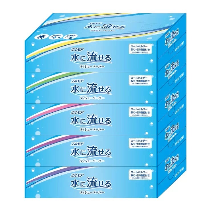 エルモア 水に流せるティッシュペーパー 5箱 x 12パック Ellemoi Flushable Tissue...