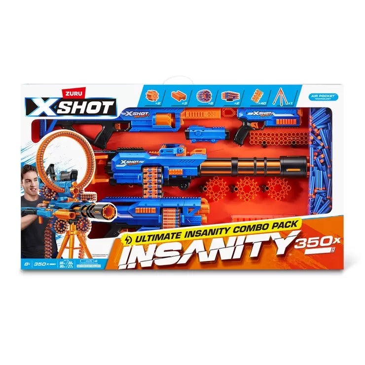 &nbsp; 【商品内容】 40連射のモーター式ブラスター搭載! 360°回転&上下可動の三脚で防御も完璧! スコープ&ダーツホルダーで精密狙撃も! 組み合わせ自由のモジュール式! とにかく遊べる!これ1つでバトル準備OK! \ブラスター好き必見!/ XSHOTシリーズ最大級のコンボパックが登場! ZURU(ズールー)の「XSHOT アルティメット インサニティ コンボパック」は、なんと4種類のブラスター+自動給弾ベルト+三脚+スコープ+350本のダーツがセットになった、究極のバトルパックです! モーター駆動で40本を一気に発射できる「Rage Fire ブラスター」は、自動でベルトが回転しながら連射するハイパワー仕様。 さらに、360度回転・上下可動の三脚を使えば、その場に構えて全方位をカバーする防御モードにも、素早く取り外して攻めに転じることも可能! Air Pocket Technology(エアポケット技術)採用のダーツは、最大30mの飛距離を誇り、正確な命中力も◎。 コンボパックならではのアクセサリーや拡張パーツも充実していて、自分好みにカスタムする楽しみも満載! 子どもはもちろん、ティーンや大人も夢中になれる本格バトルトイです。 &nbsp; 【商品・画像についてのご注意】 ・バリエーションのある商品の場合、商品画像が複数ある場合がございますが発送されるのは1点です。カラーやサイズなどのバリエーションは商品名をご確認ください。 ・商品の外装デザインは画像と異なる場合がございます。 &nbsp; 【送料・配送についての注意事項】 ・ご注文入れ違い等により欠品・遅延となる場合がございます。 ・ご注文の商品によって北海道、沖縄、離島および一部地域への配送時に追加送料がかかる場合や、配送ができない場合がございます。 &nbsp; 【返品・交換についての注意事項】 ご注文後のお客様都合によるキャンセル・返品・交換はお受けできません。 商品内容・仕様等を十分にご確認のうえ、ご注文ください。 ※大型商品については、サイズ・設置場所・搬入経路も事前にご確認ください。
