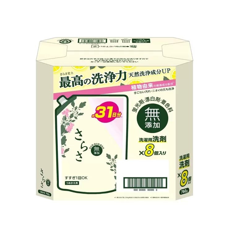 &nbsp; 【商品内容】 New さらさ史上最高の洗浄力 天然洗浄成分UP クエン酸配合*1 蛍光剤・漂白剤・着色料 無添加植物由来の厳選成分配合*2 手ごわい汚れ・ニオイの元も洗浄天然酵素を配合した処方家族みんなの衣類もOK 肌を優しく包み込む *1 洗浄補助剤として *2 柔軟成分の一部が植物由来 洗濯洗剤, 詰め替え,部屋干し,液体洗剤, 無添加、天然酵素, さらさ, サラサ, SARASA, Sarasa ボトルへのつめかえ方: 1開ける:つめかえ口の付け根部をしっかり持ってキャップを矢印の方向にまわして開けてください。 *開ける際にはキャップの切り口と液の飛び出しに気をつけてください。 2そそぐ:つめかえ袋の上部と底を両手で持ち、ゆっくり注ぎ入れてください。注ぎ口から中を見て、液面が白い突起部分に達したら注ぐのをストップしてください。残った分は、しっかりフタをして保管してください。 お洗濯のアドバイス:洗う前に、衣類の取り扱い絵表示を確かめてください。ウールやデリケートな衣類など、右の絵表示のある衣料品のお洗濯には使わないでください。頑固な汚れには直接塗って、少し(5分程度)おいてから、洗濯機で洗うとより効果的です。(蛍光剤を配合していませんが、生産設備が蛍光剤配合の洗剤と共用のため、微量に検出されることがあります) 使用量の目安:洗濯機/水30Lに27mL(詳しくはボトル記載の使用量の目安をご覧ください。) 使用上の注意:子供の手の届くところに置かない。認知症の方などの誤飲を防ぐため、置き場所に注意する。用途以外に使用しない。荒れ性の方や長時間使う場合、また原液で使う場合は炊事用手袋を使う。使用後は水で手をよく洗い、クリームなどでお手入れをおすすめします。開ける際にはキャップの切り口と液の飛び出しに気をつけてください。原液が洗濯機のフタについた時は、水ですぐ拭き取る。小さくして捨てやすい、やわらかい素材を使用しています。開封前の破損や液漏れに注意してお取り扱いください。窒息の原因になる可能性がありますので、容器キャップは常に固く締め、お子様が誤って口にいれないようにしてください。直付け・つけ置きする場合は、衣類の目立たない所に洗剤原液をつけて色落ちしないか事前に確認する。洗剤原液が衣類に直接かかるのを防ぐため、洗剤投入口をお使いください。 応急処置:万一飲み込んだ場合は水を飲ませる、また、目に入った場合はこすらずに水でよく洗う等応急処置をし、医師に相談する。これは飲み物ではありません。 &nbsp; 【商品・画像についてのご注意】 ・バリエーションのある商品の場合、商品画像が複数ある場合がございますが発送されるのは1点です。カラーやサイズなどのバリエーションは商品名をご確認ください。 ・商品の外装デザインは画像と異なる場合がございます。 &nbsp; 【送料・配送についての注意事項】 ・ご注文入れ違い等により欠品・遅延となる場合がございます。 ・ご注文の商品によって北海道、沖縄、離島および一部地域への配送時に追加送料がかかる場合や、配送ができない場合がございます。 ・お客様都合でのキャンセルはお受け出来ませんのでご了承下さい。