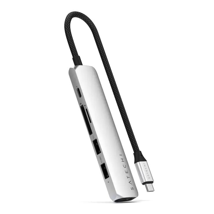 Satechi 6-in1 USB-C スリムマルチポートアダプター シルバー Satechi 6-in-1 USB-C Slim Multiport Adapter Silver PST-P6SS 6-in1 USB-C ハブ 拡張 在宅勤務 テレワーク MacBook iPad Pro 薄型 持ち運び ドッキングステーション 変換アダプタ 軽量