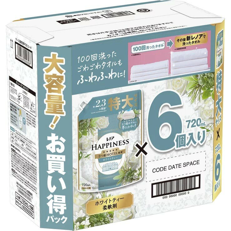 &nbsp; 【商品内容】 新レノアハピネス夢ふわタッチは、洗濯するたび気になる衣類のダメージまで防ぐ。Tシャツの首元のヨレやニットの毛玉を防いで*、5つ星ホテルも認めたなめらかな肌ざわりが続きます。(*新品から複数回洗濯した場合。当社洗剤比。詳しくはWebへ) レノアハピネス夢ふわタッチは、5つ星ホテルも認めた香りも肌ざわり。レノアハピネス夢ふわタッチで、おうちにいながら5つ星ホテルの贅沢を体験してください。 秋冬は乾燥しやすいから、ニットのゴワゴワ・チクチクが気になりがち...新レノアハピネス夢ふわタッチなら、衣類をシルクの様になめらかに洗い上げるから、ニットももうチクチクしない* (*コットンニットで検証) 最高量*1の柔軟成分を配合しているから、5つ星ホテルタオルのような肌ざわりを83%が実感*2しています。(*1 過去10年レノアハピネスにおいて、*2 「華やかに香るアンティークローズの香り」使用。P&G消費者調査[n=108]による) レノアハピネス夢ふわタッチなら5つ星ホテルも認める贅沢な香りが1週間*楽しめます。(*保管状態にて)高級ホテルのエントランスにただようホワイトティーの香り。レノアの柔軟剤は、ドラム式洗濯機や自動投入洗濯機でもお使いいただけます。詳細の使用方法や使用量は、製品裏の説明をご覧ください。 432 回分 / 432 LOADS レノアハピネス 夢ふわタッチ 上品で心地よいホワイトティーの香り 5つ星ホテル推奨!新レノアハピネス夢ふわタッチで衣類のダメージを防ぎ、香りも肌ざわりも5つ星。 新レノアハピネス夢ふわタッチは、洗濯するたび気になる衣類のダメージまで防ぐ!Tシャツの首元のヨレやニットの毛玉を防ぎます*1。 レノアハピネス夢ふわタッチは5つ星ホテルタオルのような肌ざわり。さらに5つ星ホテルが認める極上*2の香りはなんと1週間長持ち*3。「5つ星ホテルタオルのような肌ざわり」と「極上の香り」でおうちにいながら毎日5つ星ホテルの贅沢を実現します。 上品で心地よいホワイトティーの香りは、高級ホテルのエントランスにただようホワイトティーの香りに、ホワイトローズ、ジャスミン、ハーブが奏でる贅沢な余韻。 *1 新品から複数回洗濯した場合。当社洗剤比。詳しくはWebへ *2 レノアハピネス史上 *3 保管状態にて 香りの感じ方には個人差があります。使用量の目安を参考に、周囲の方にもご配慮の上、お使い下さい。飲み物ではありません。使用上の注意:子供や認知症の方の手の届く所に置かない。用途外に使用しない。洗剤、漂白剤などとは混ぜない。生分解性の界面活性剤を使用の為、保管状況によって固まることがあります。高温、低温、直射日光を避けて保管し、できるだけ早く使用してください。原液が洗濯機のステンレス部分、床などについたときは水ですぐふきとる。… &nbsp; 【商品・画像についてのご注意】 ・バリエーションのある商品の場合、商品画像が複数ある場合がございますが発送されるのは1点です。カラーやサイズなどのバリエーションは商品名をご確認ください。 ・商品の外装デザインは画像と異なる場合がございます。 &nbsp; 【送料・配送についての注意事項】 ・ご注文入れ違い等により欠品・遅延となる場合がございます。 ・ご注文の商品によって北海道、沖縄、離島および一部地域への配送時に追加送料がかかる場合や、配送ができない場合がございます。 ・お客様都合でのキャンセルはお受け出来ませんのでご了承下さい。
