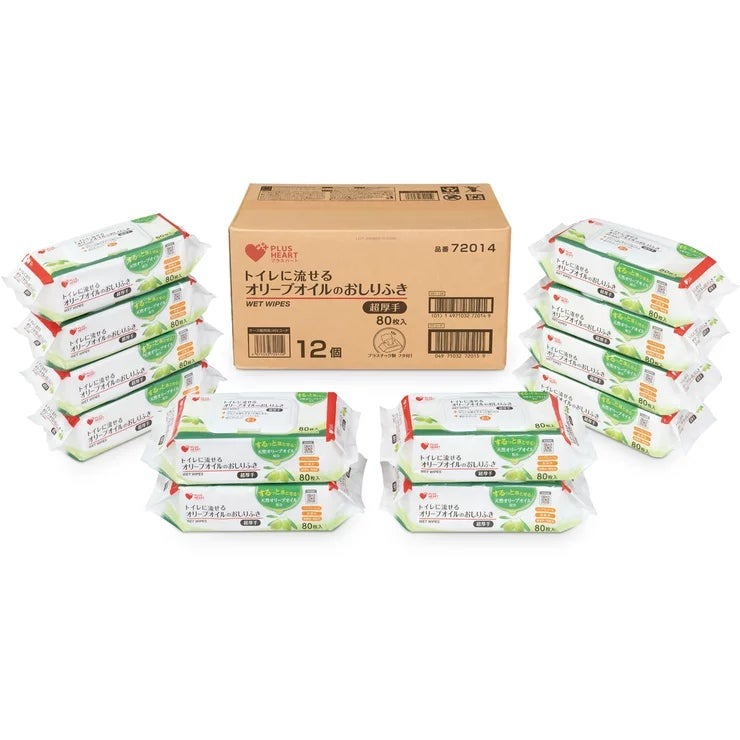 プラスハート トイレに流せるオリーブオイルのおしりふき フタ付 80枚 x 12個 PH FLUSHABLE WIPE まとめ買い ウェットシート ウェットティッシュ デリケートゾーン 介護 赤ちゃん ノンアルコール 低刺激 敏感肌 大容量 ケア