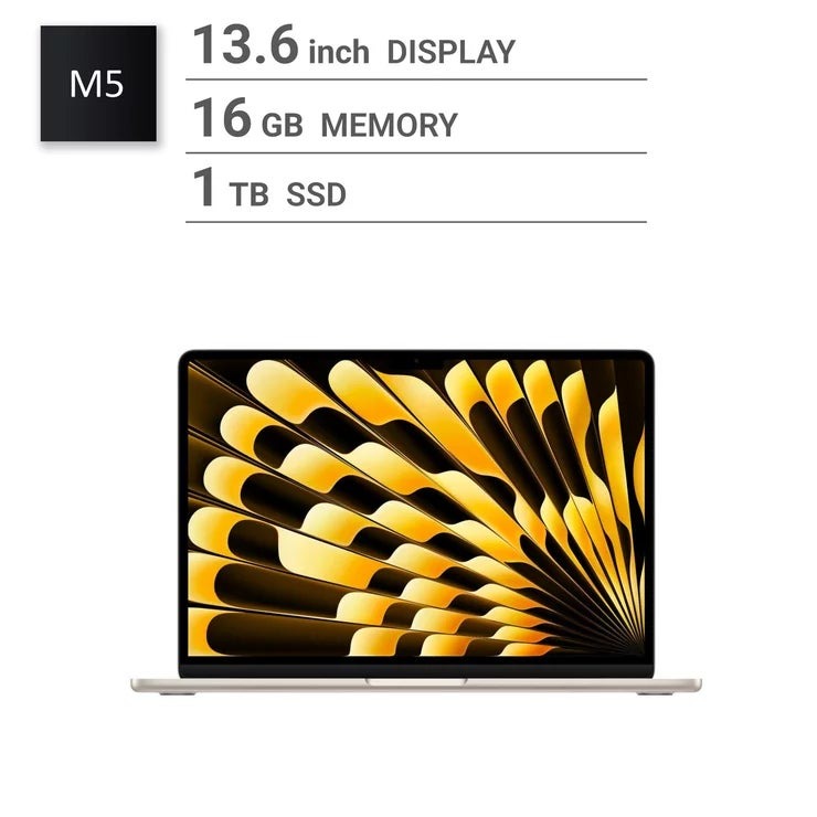 アップル Apple/MacBook Air 13インチ/10コアCPU/ 10コアGPU/M5チップ /16GB/1TB SSD-スターライト Apple MacBook Air 13-inch / 10-core CPU GPU / M5 chip / 16GB RAM / 1TB SSD - Starlight /MacBook Air ノートパソコン 薄型 軽量 高性能 大容量ストレージ