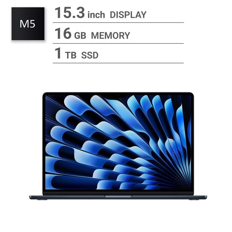 アップル Apple/MacBook Air 15インチ/10コアCPU/ 10コアGPU/M5チップ /16GB/1TB SSD-ミッドナイト Apple MacBook Air 15-inch / 10-core CPU GPU / M5 chip / 16GB RAM / 1TB SSD - Midnight /MacBook Air ノートパソコン 薄型 軽量 大容量ストレージ 高性能