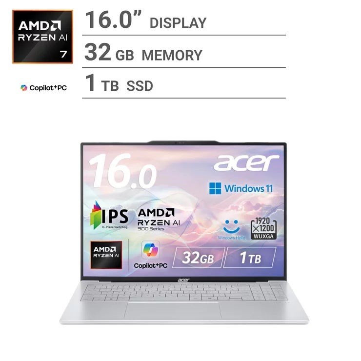 エイサー ノートPC / SWIFT AIR 16 / 16.0 インチ / Ryzen AI 7 350 / メモリー32GB / SSD 1TB / SFA16-61M-F73Z ACER laptop inch Memory 32GB SWIF パソコン 薄型 軽量 高性能 テレワーク