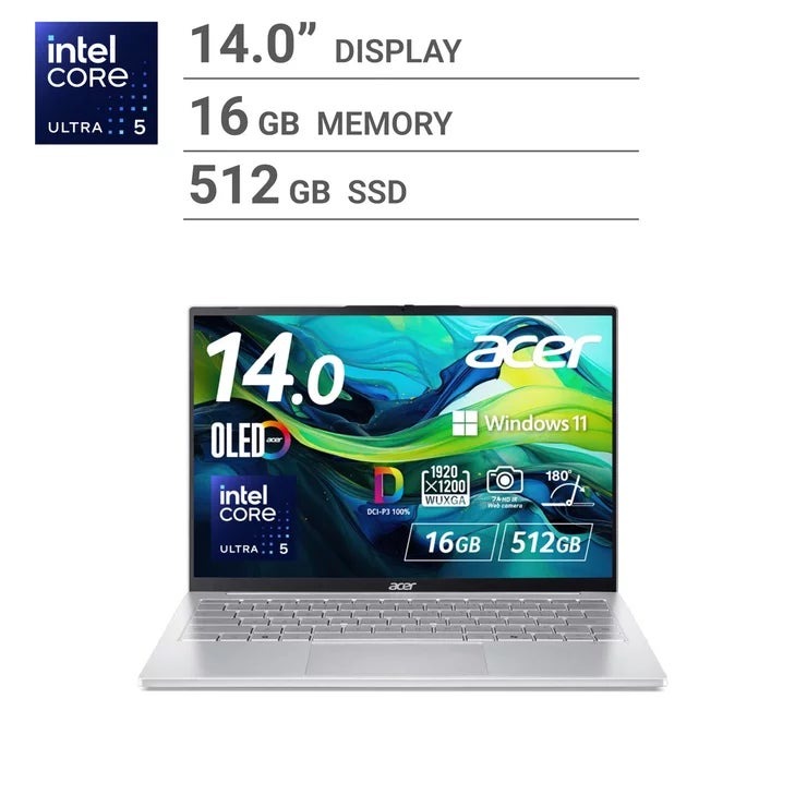 エイサー ノートPC/Swift Lite/14.0インチ/OLED/Core Ultra5 115U/メモリ 16GB/SSD 512GB/ライトシルバー/SFL14-54M-A56Y ACER Laptop /Swift Lite/14.0inch/Core Ultra 5 115U/16GB Memory/512GB SSD/Light Silver/SFL14-54M-A56Y ノートPC/Swift 薄型 軽量 テレワーク