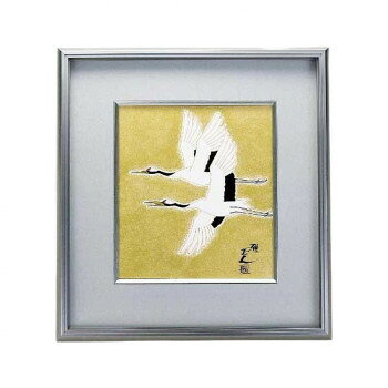 日本製　伝統工芸　九谷焼 正人作 陶額 金箔双鶴 N184-09