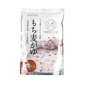 九州産の白米・もち麦使用。もち麦のもちもち・ぷちぷちとした食感が楽しめるおかゆです。内容量250gサイズ個装サイズ：38×25×18cm重量個装重量：6700g仕様賞味期間：製造日より545日生産国日本栄養成分【栄養成分(1袋250g当たり)】エネルギー:78kcalたんぱく質:1.3g脂質:0.0g炭水化物:18.1g(糖質:17.8g、食物繊維:0.3g)食塩相当量:0.03g原材料名称：米飯類(かゆ)精米(国産)、もち麦、魚しょう、焼酎(米焼酎、麦焼酎、酒かす焼酎)、穀物発酵液(玄米、食塩、はだか麦、もちあわ、もちきび、ひえ、ハト麦、赤米、黒米)保存方法常温保存製造（販売）者情報販売者:ベストアメニティ株式会社福岡県久留米市三潴町田川32番地3fk094igrjs
