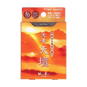 「天壇」は自然しか生み出すことのできない格調高い香木の香りのお線香です。天然の沈香の香りを大切にし、こだわりの製法で仕上げました。小さなお仏壇や小さめの香炉にも使いやすい、短いサイズのお線香です。サイズ(約)高さ115×幅72×奥行23mm、お線香の長さ:約70mm個装サイズ：11.5×7.3×2.5cm重量約66g(箱含む)個装重量：70g素材・材質(主原料)タブ粉、香料仕様内容量:約50g燃焼時間:約10分(立てた場合)生産国日本fk094igrjs