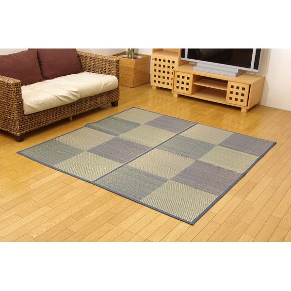 【送料無料】い草 花ござ/ラグマット 【市松柄 ブルー 江戸間2畳 約174×174cm】 裏：不織布 防傷加工 抗菌＆防臭効果 裏張CP 〔リビング〕【代引不可】