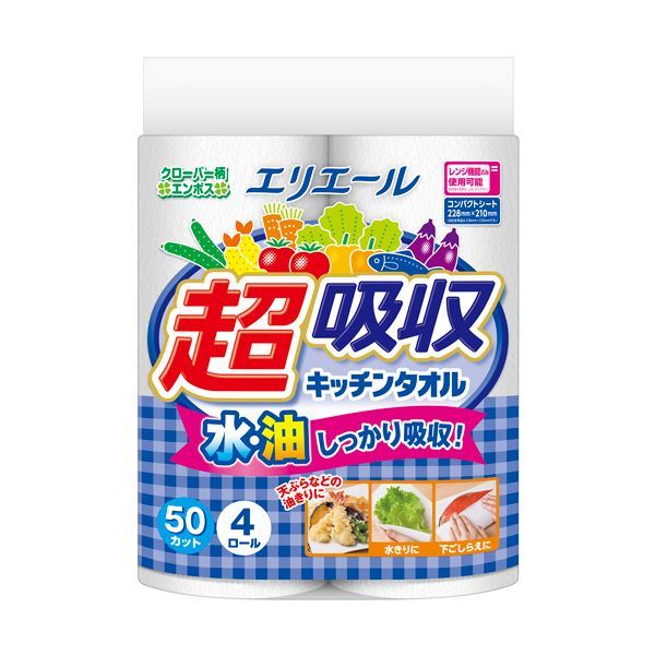 ■商品内容【ご注意事項】この商品は下記内容×3セットでお届けします。大王製紙 エリエール超吸収キッチンタオル 50カット/ロール 1セット(48ロール:4ロール×12パック)■商品スペック1シートサイズ：タテ228×ヨコ220mmパッケージサイズ：W210×D210×H228mm生産国：日本■送料・配送についての注意事項●本商品の出荷目安は【1 - 5営業日　※土日・祝除く】となります。●お取り寄せ商品のため、稀にご注文入れ違い等により欠品・遅延となる場合がございます。●本商品は仕入元より配送となるため、沖縄・離島への配送はできません。[ チヨウキツチン50C4R ]